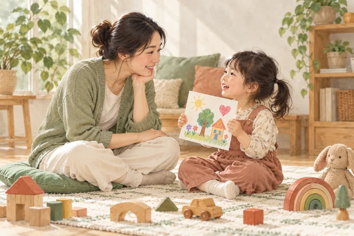 家長坐在孩子身旁，耐心聆聽孩子分享畫作的親子互動插畫