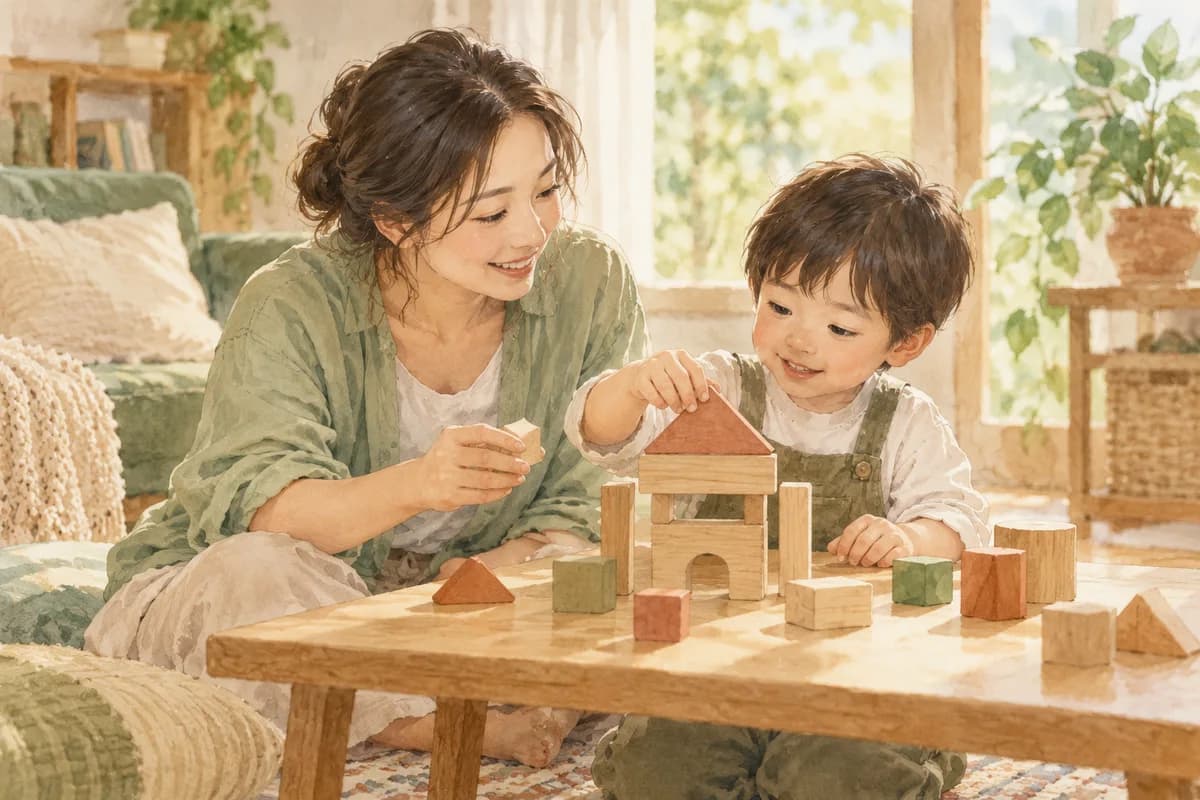 家長與孩子在遊戲中一起搭建積木,練習聆聽與建立連結的親子互動插畫
