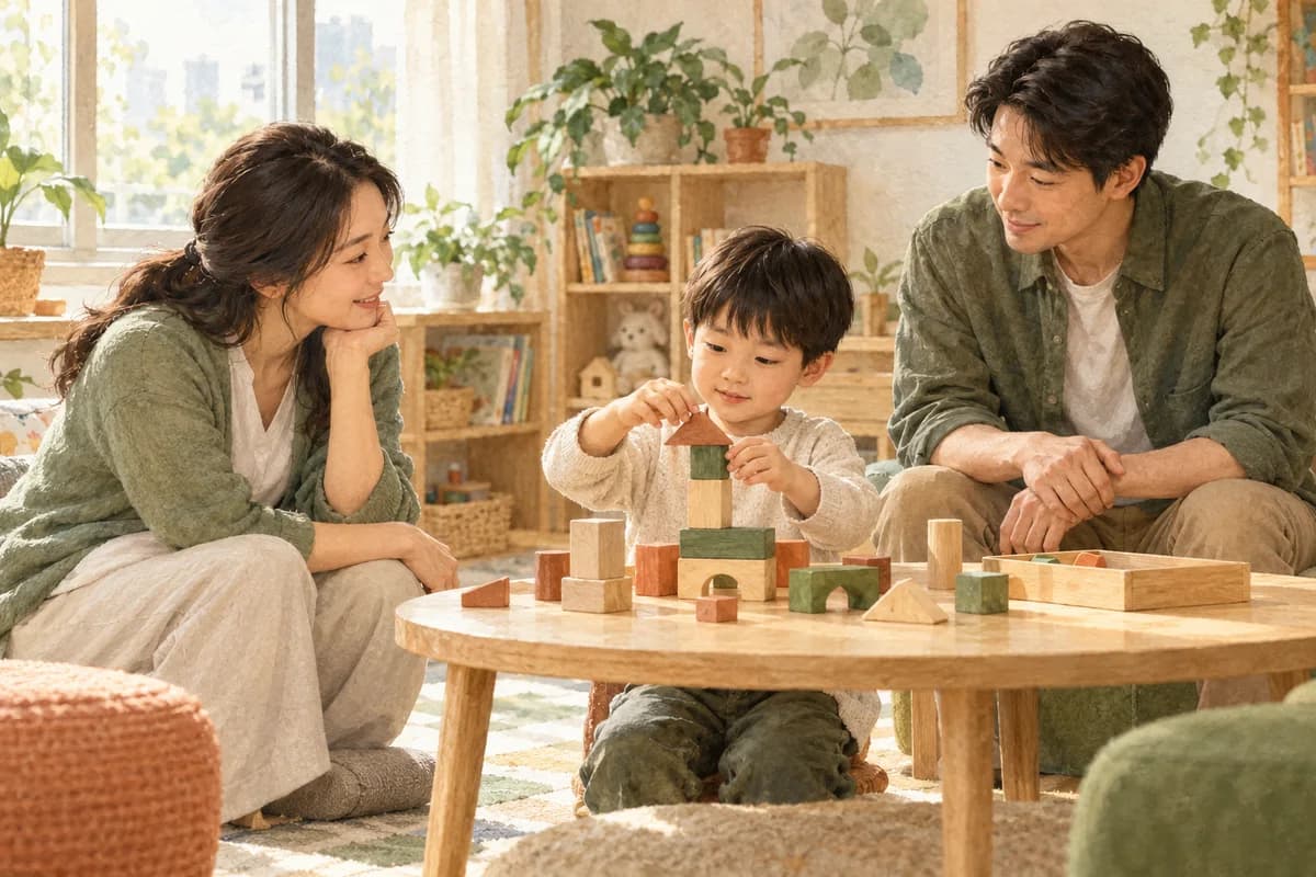 治療師與家長陪伴孩子進行積木遊戲,細心了解孩子及照顧者需要的插畫